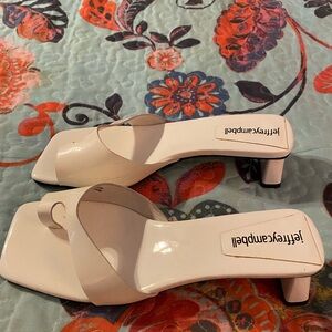 White Jeffrey Campbell sandals with a squared heel